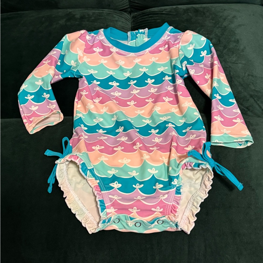 RuffleButts Baby Girl Long Sleeve Swimsuit Mermaid 12-18